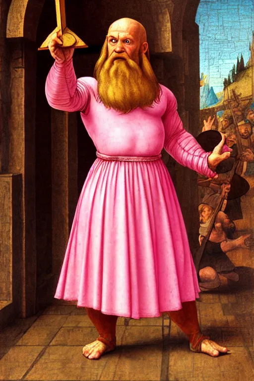 Image similar to male dwarfish cleric wearing a pink ballerina dress, holding a holy symbol, he is preaching. the background is a friendly tavern. The mood is friendly and welcoming. dungeons and dragons, highly detailed, digital painting, artstation, concept art, sharp focus, illustration, art by Leonardo da Vinci and Michelangelo and Botticelli