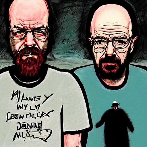 Image similar to Jessy Pinkman and Walter White in the style of Ralph Steadman