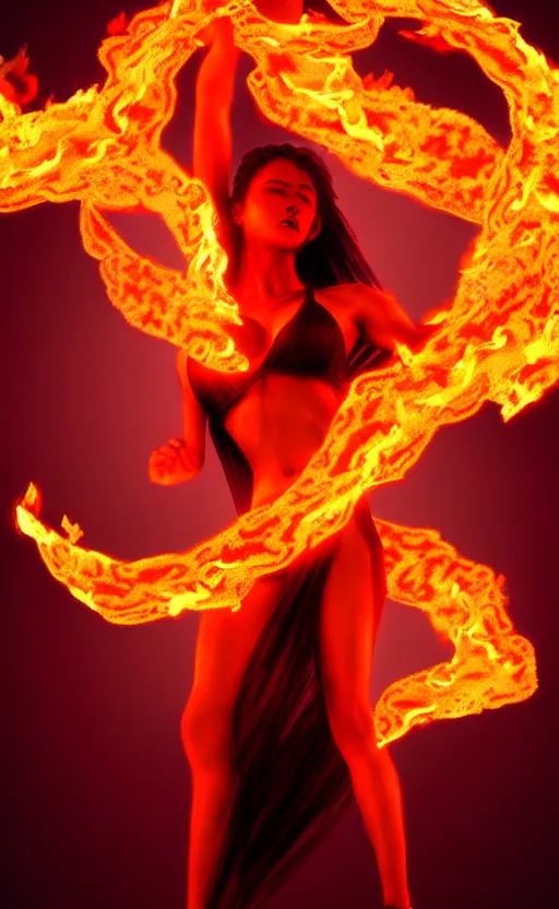 Image similar to women made out of fire dancing in fire, art station, cgsociety, high detail