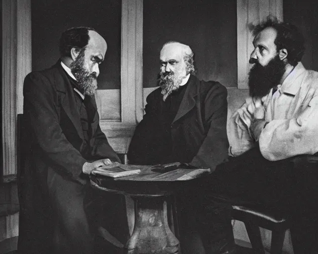 Prompt: karl marx chatting with aristotle in a bar, professional photography nighttime, noir photo, golden lights, calm feeling