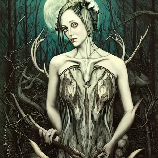 Image similar to an epic horrific wiccan gothic painting of a mother - nature witch cult woman wearing a deer skull, in a moonlit forest by gerald brom by junji ito by vanessa lemen by charlie bowater