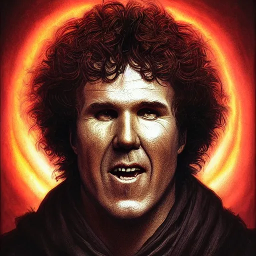 Image similar to Photorealistic will ferrel as the devil in the style of Michael Whelan and Gustave Dore. Hyperdetailed photorealism, 108 megapixels, amazing depth, glowing rich colors, powerful imagery, psychedelic Overtones, 3D finalrender, 3d shading, cinematic lighting, artstation concept art