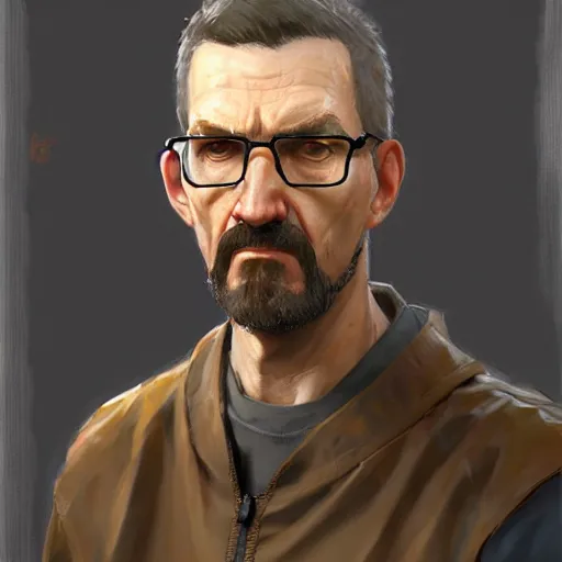 Image similar to a portrait of gordon freeman by Krenz Cushart, high detail, concept art, artstation, 8k