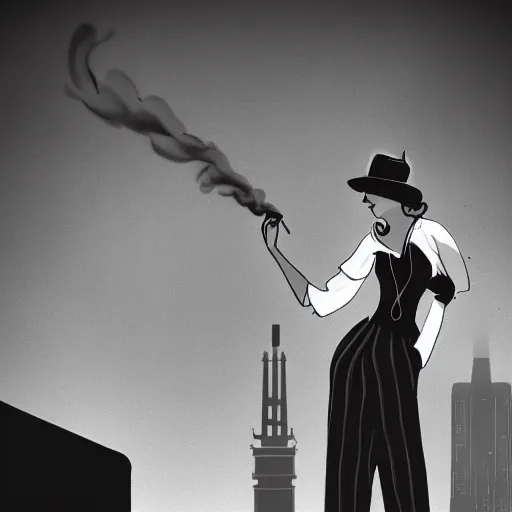 Image similar to concept art 1930's noir style female detective on rooftop above city smoking cigarette