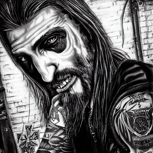 Image similar to portrait painting of an older tattooed biker with shaggy hair in a bar, sharp focus, ultra realistic, concept art, intricate details, eerie, highly detailed, photorealistic, dark, black and white, rpg art vampire the masquerade. art by josh timbrook