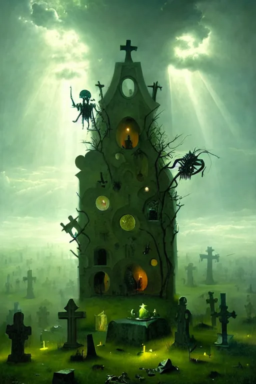 Image similar to hieronymus bosch, greg rutkowski, anna podedworna, painting of a cybernetic skeleton grim reaper floating down from the clouds, god rays, wide shot of a graveyard lit by spooky green lights