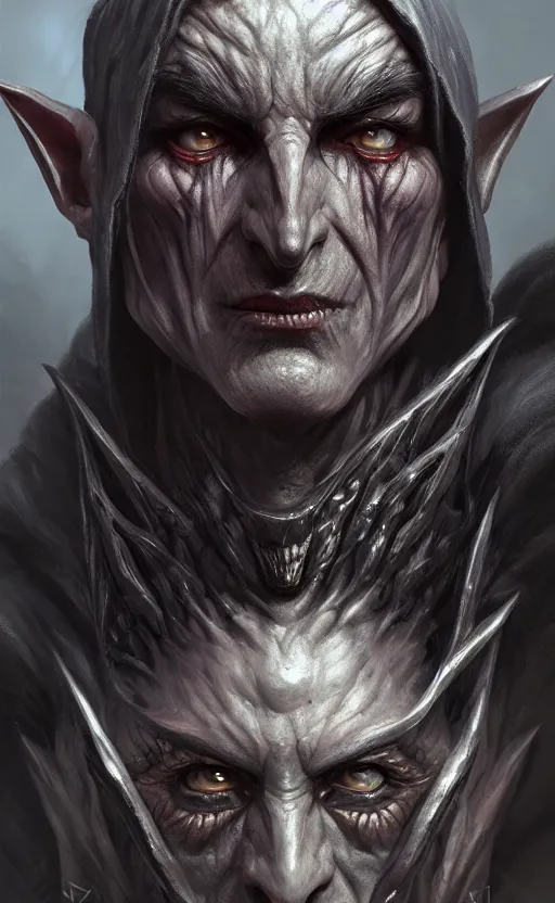 Image similar to legendary creepy dark elf wizard, highly detailed, d & d, fantasy, highly detailed, digital painting, trending on artstation, concept art, sharp focus, illustration, global illumination, ray tracing, realistic shaded, art by artgerm and greg rutkowski and fuji choko and viktoria gavrilenko and hoang lap