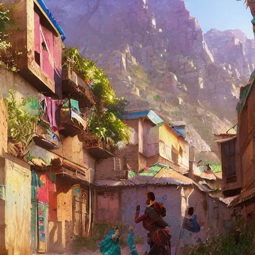 Image similar to colorful Kurdish village, anime, a fantasy digital painting by Greg Rutkowski and James Gurney, trending on Artstation, highly detailed