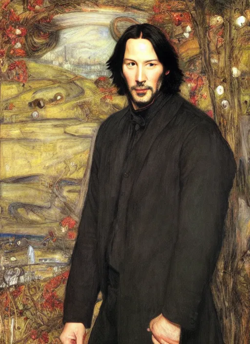 Image similar to a beautiful painting of keanu reeves by John Everett Millais and Dante Gabriel Rossetti and John Collier and john william waterhouse, pre-raphaelite, detailed, trending on artstation, hd, masterpiece