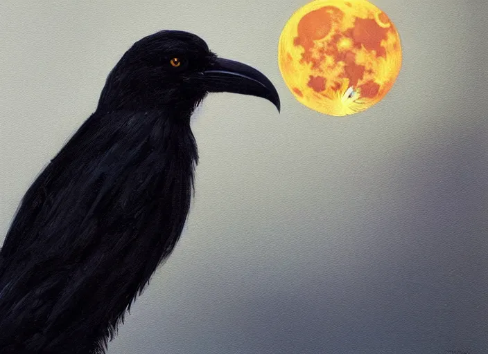 Image similar to a hyper-detailed oil portrait of a crow on a tree in front of the full big moon; an extraordinary masterpiece!!!; flawless; proud posture; photorealistic eyes; trending on artstation; f/1.4; 90mm