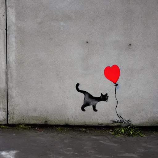 Image similar to a cat trying to catch a balloon on concrete, by banksy