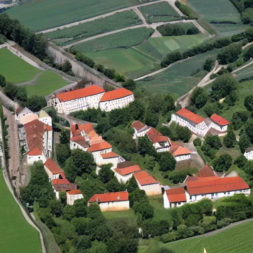 Prompt: Burg Güssing in Südburgenland. Aerial photograph of installation by Christo Vladimirov Javacheff.