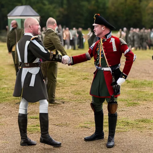 Prompt: General Burgoyne shaking hands with Matt Hancock. Award winning hyper detailed photorealistic 50 mm