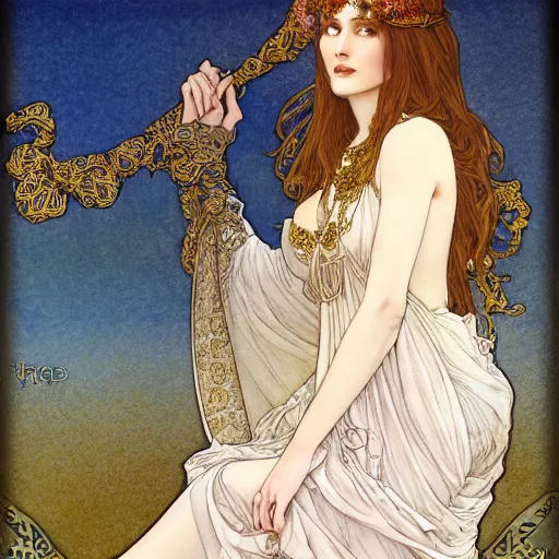 Image similar to beautiful ishtar goddess in long flowy dress, porcelain skin by rebecca guay and mucha, artstation, hq, hires, hd