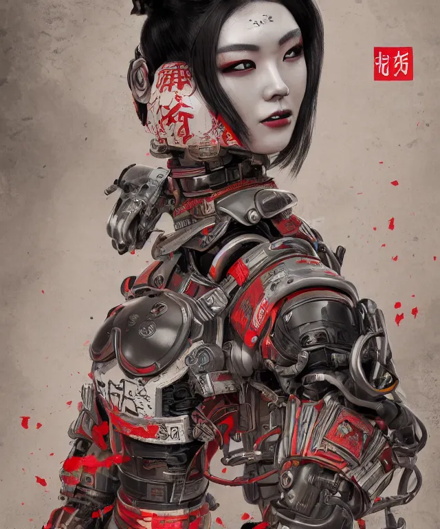 Image similar to an epic fantastic realism comic book style portrait painting of a japanese robotic geisha with kanji tattoos and decals, apex legends, octane render, intricate detail, 4 k hd,