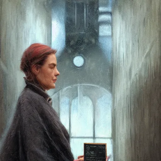 Prompt: detailed face of an intelligent clothed woman with kind eyes in a architectonic courtyard with whisps of smoke at a science expo, atmospheric, ambient, pj crook, syd mead, livia prima, artgerm, greg rutkowski, nick alm, casey baugh