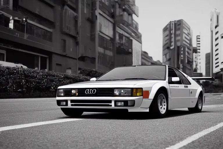 Prompt: a Giorgetto Giugiaro designed, single 1988 Audi Quattro, BMW M1 Lincoln Continental, race footage on Tokyo streets, volumetric lighting, f8 aperture, cinematic Eastman 5384 film