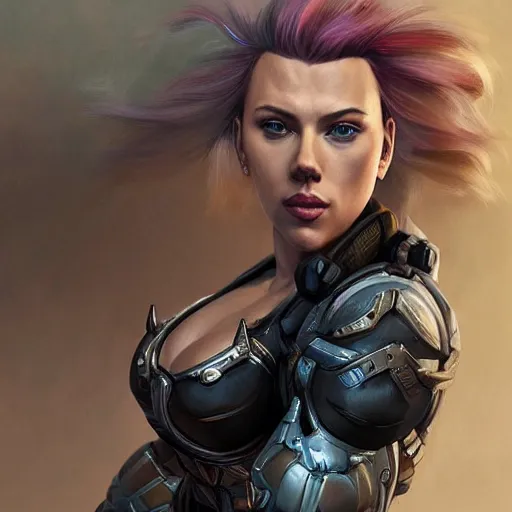 Prompt: detailed portrait of scarlett johansson as a female bodybuilder zarya from overwatch, beautiful, fantasy, intricate, elegant, highly detailed, digital painting, artstation, concept art, matte, sharp focus, illustration, art by aenaluck, artgerm and roberto ferri and greg rutkowski, epic fantasy, digital painting