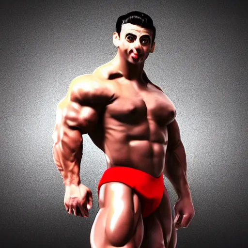 Image similar to Mr. Bean as an overly muscular, testosterone filled, crazy-eyed bodybuilder chad, fullbody, fashion photo, unreal engine