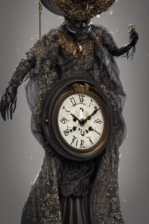 Prompt: a anthropomorphic clock, face of clock, silk hat, full body, concept art, gothic, intricate, ornate, ultra realistic, octane render