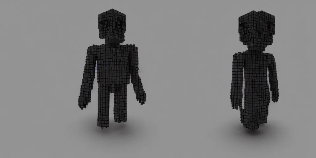 Image similar to creepy voxel art of a smiling enderman holding an ender pearl. render, ethereal.