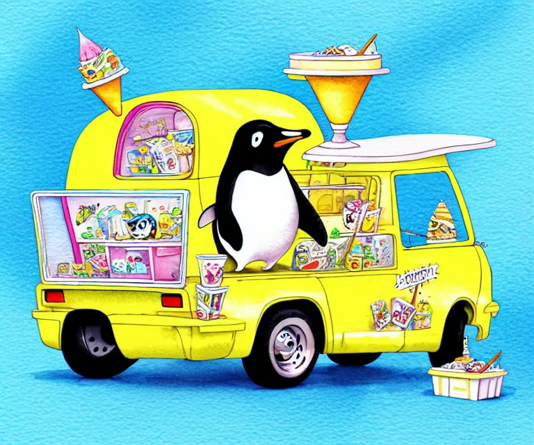 Image similar to cute and funny, penguin riding in a tiny ice cream truck, ratfink style by ed roth, centered award winning watercolor pen illustration, isometric illustration by chihiro iwasaki, edited by craola, tiny details by artgerm and watercolor girl, symmetrically isometrically centered