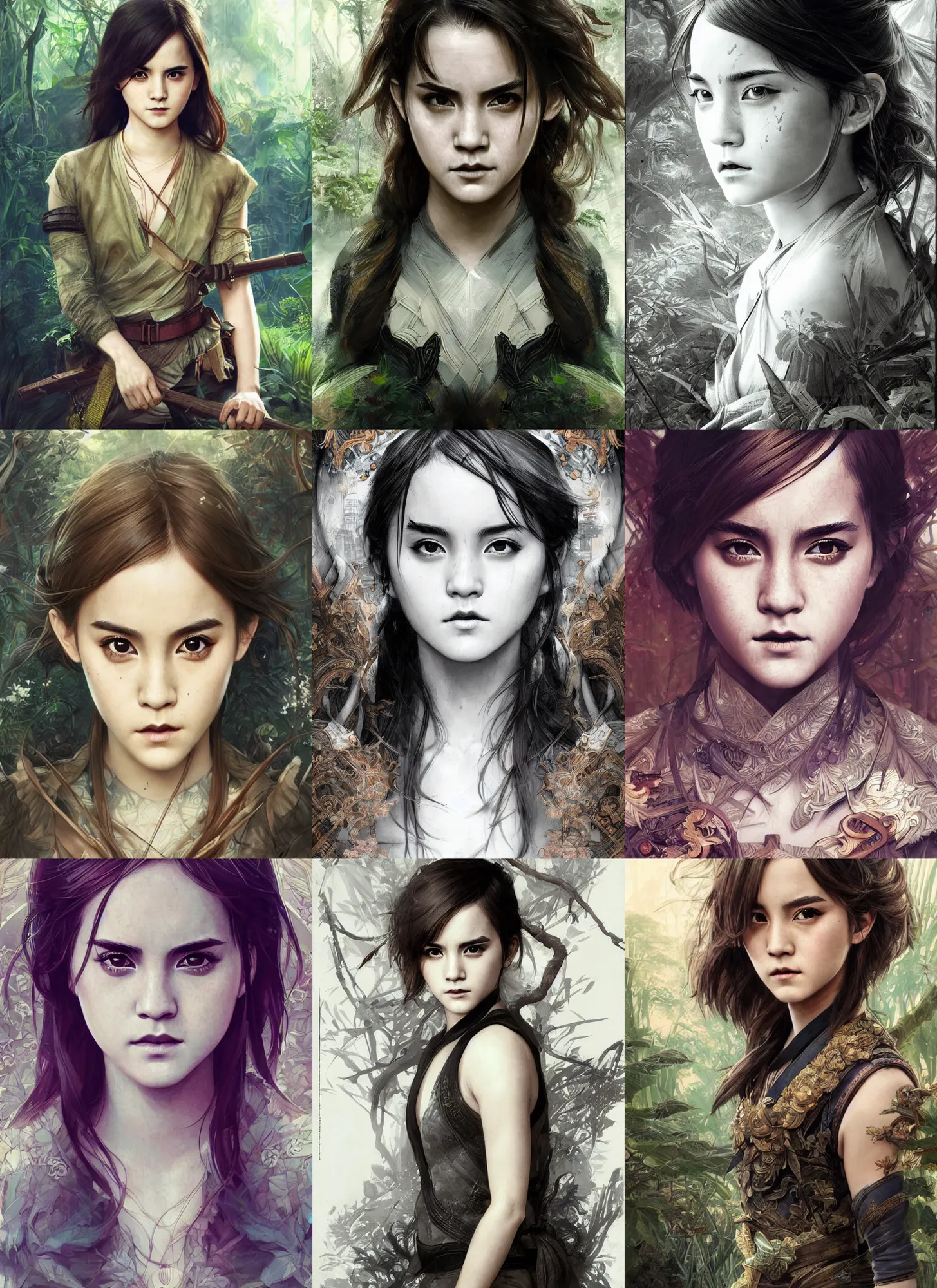 Prompt: asian japanese emma watson portrait, symmetrical front view, jungle background, intricate, highly detailed, concept art, sharp focus, illustration, artgerm, ruan jia, jurgens, aleksi briclot, mucha