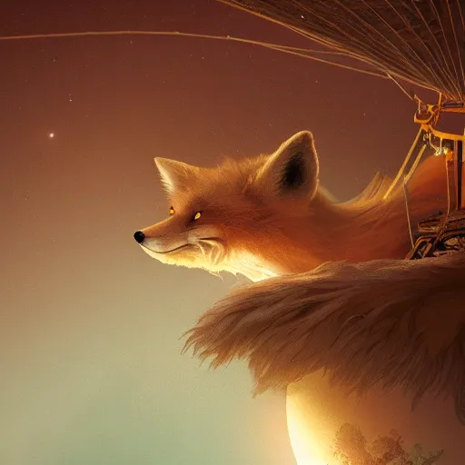 Image similar to close-up anthropomorphic fluffy fox in the hot air balloon, night, moonlight, clouds around, mist, unreal engine, octane render, dramatic lighting, digital art, by Stanley Artgerm Lau, greg rutkowski, thomas kindkade, alphonse mucha, loish, norman Rockwell,