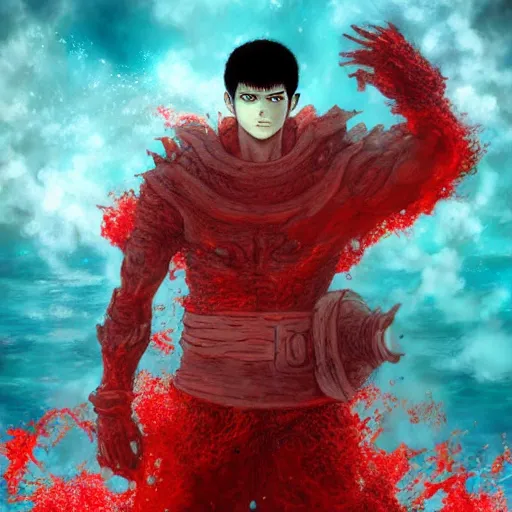Image similar to guts from berserk submerged in red water, extremely detailed, made by wlop, maxwell boas, Sakimi chan and Anato Finnstark