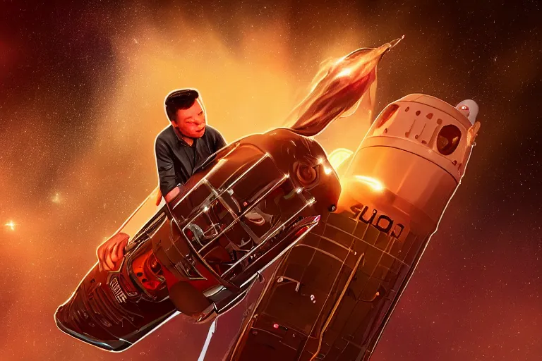 Prompt: Elon Musk riding on top of a rocket, digital art, highly detailed