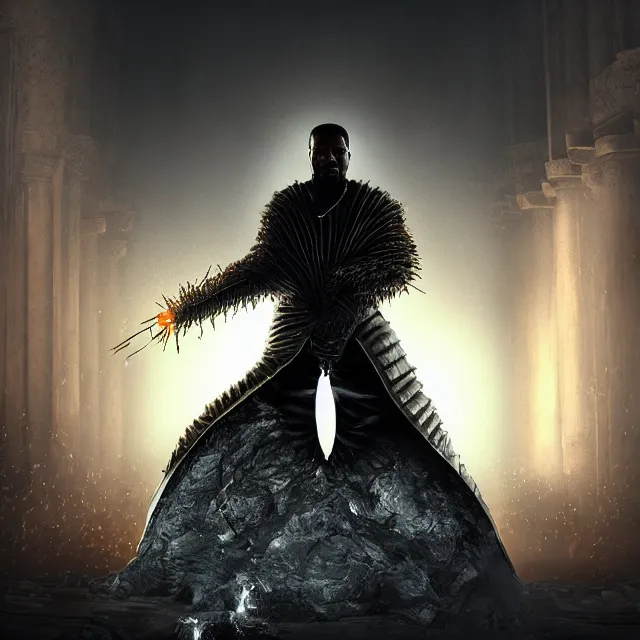 Image similar to yeezus era kanye reimagined as a boss in dark souls, dark cinematic, volumetric, realistic, cinematic lighting, ray tracing, unreal engine 5, unreal engine render, octane render, hyper realistic, photo, 8 k