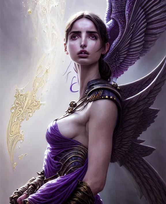 Image similar to beautiful fantasy character portrait, ana de armas, ultra realistic, wide angle, intricate details, the fifth element artifacts, tesseracts, highlights of purple, highly detailed by peter mohrbacher, hajime sorayama, wayne barlowe, boris vallejo, paolo eleuteri serpieri, dishonored 2, white gown, angel wings