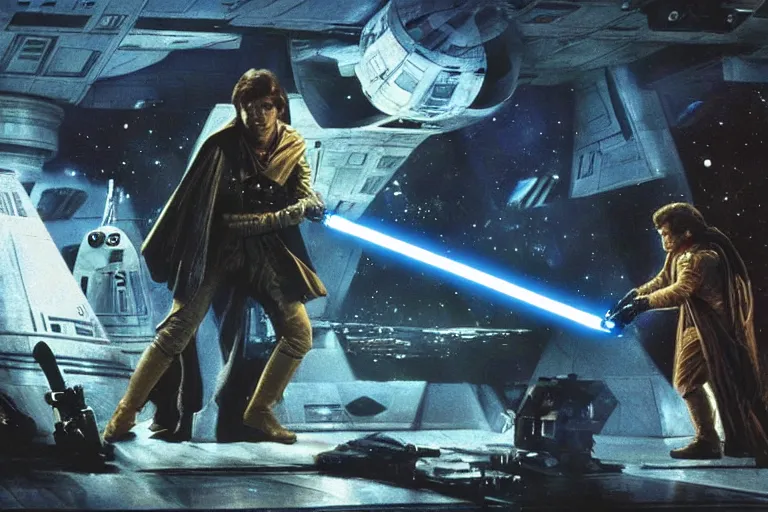 Prompt: scene from star wars: the empire strikes back, david bowie as ziggy skywalker tears apart the millennium falcon with a lightsaber, amazing cinematography, by phil hale, ilya repin, Roger Deakin, ashley wood