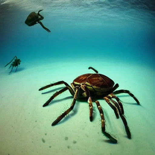 Prompt: “giant spider fight against giant turtle in the middle of the sea”