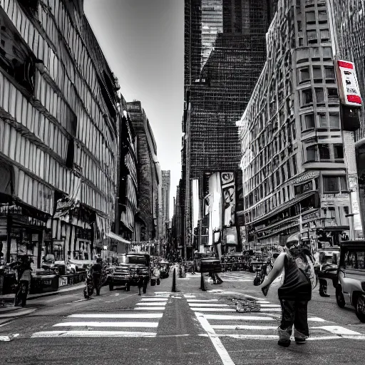 Image similar to black and white street photograph on a street in new york city on a busy day with a shattered ceramic garden gnome. 8k resolution.