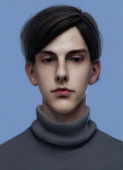 Image similar to portrait of teenage jughead jones wearing a light grey crown, crown, blue turtleneck, closed eyes, eyes closed, slight smile, black hair, intricate, elegant, glowing lights, highly detailed, digital painting, artstation, concept art, smooth, sharp focus, illustration, art by wlop, mars ravelo and greg rutkowski