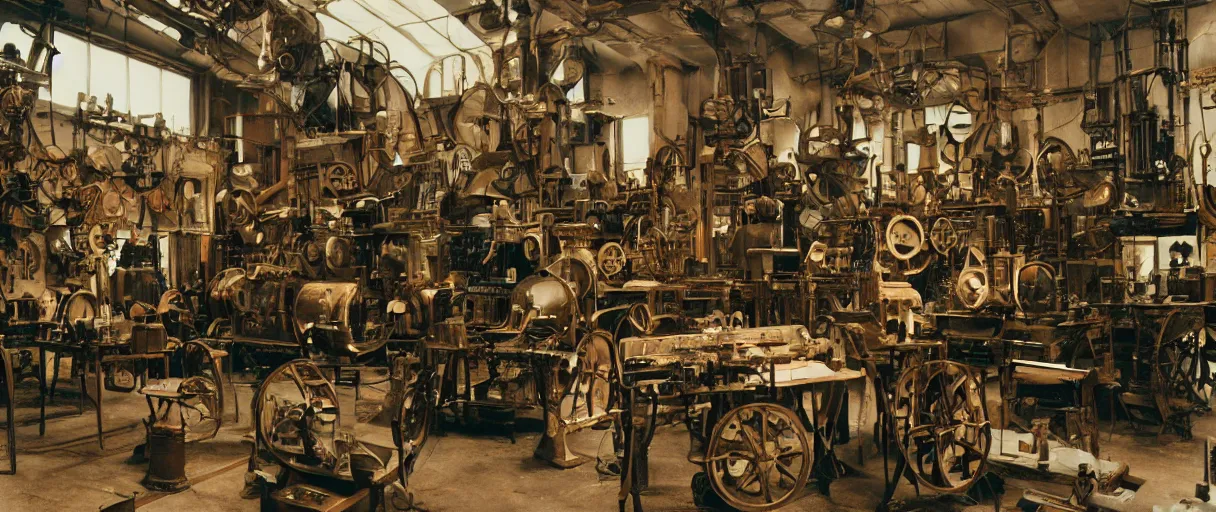 Prompt: movie still 4 k uhd 3 5 mm film color photograph of an steampunk workshop full of xix century differential machines