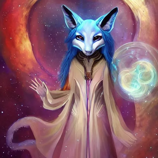 Image similar to a painted avatar portrait of an awesome cosmic powerful humanoid kitsune fox mage themed around life and death and the stars and the cosmos and dressed in elegant elven mage robes, in the style of dnd beyond avatar portraits, beautiful, artistic, elegant, lens flare, magical, lens flare, nature, realism, stylized, art by jeff easley