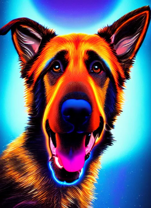 Prompt: symmetry!! product render poster vivid colors divine proportion german shepard hound floppy ears, scifi, glowing fog intricate, elegant, highly detailed, digital painting, artstation, concept art, smooth, sharp focus, illustration