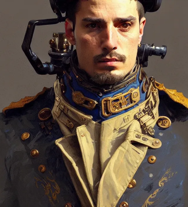 Prompt: portrait of a french man wearing a blue traditional nineteenth century military jacket, metal shoulder pauldrons, intricate, highly detailed, digital painting, artstation, concept art, sharp focus, cinematic lighting, illustration, art by artgerm and greg rutkowski, alphonse mucha, cgsociety