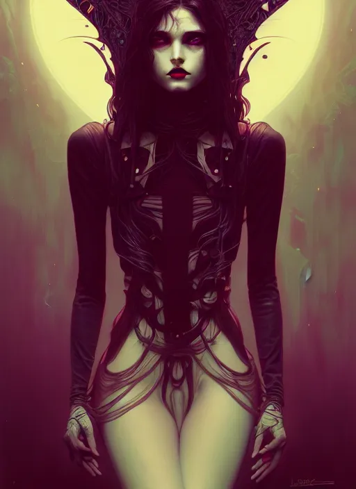 Prompt: perfect vampire girl portrait, intricate artwork by josan gonzalez, artgerm, tom bagshaw, kilian eng, alphonse mucha, zdizslaw beksinski, very coherent artwork, psychedelic, syntwave, noir gothic cyberpunk, octane render, unreal engine, 8 k, high contrast