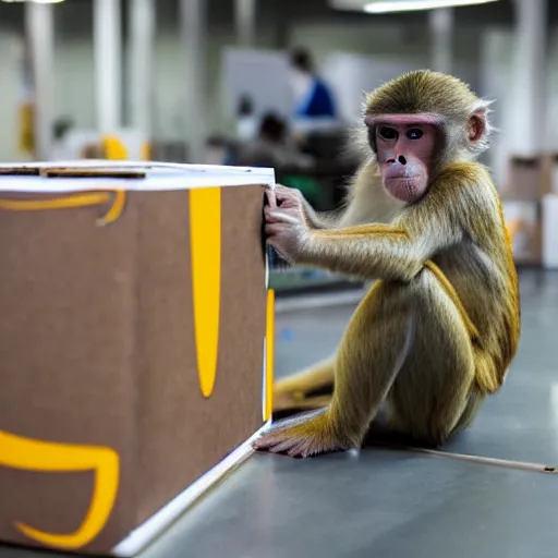 Prompt: monkey working in an Amazon factory