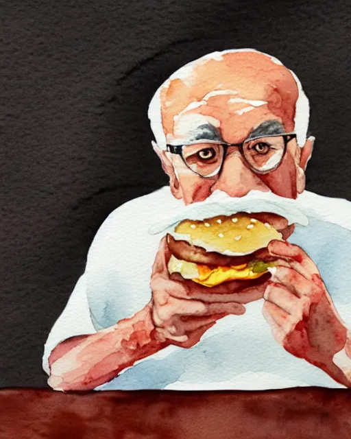 Image similar to watercolor picture of an old man eating hamburger, low key