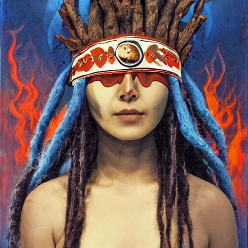 Image similar to A young blindfolded shaman woman with a decorated headband from which blood flows, in the style of heilung, blue hair dreadlocks and wood on her head. The background is a forest on fire, made by karol bak and james gurney