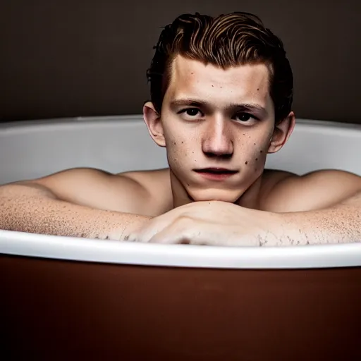 Image similar to photographic portrait by Annie Leibovitz of Tom Holland in a hot tub, foggy, sepia, moody, dream-like, sigma 85mm f/1.4, 15mm, 35mm, 4k, high resolution, 4k, 8k, hd, full color