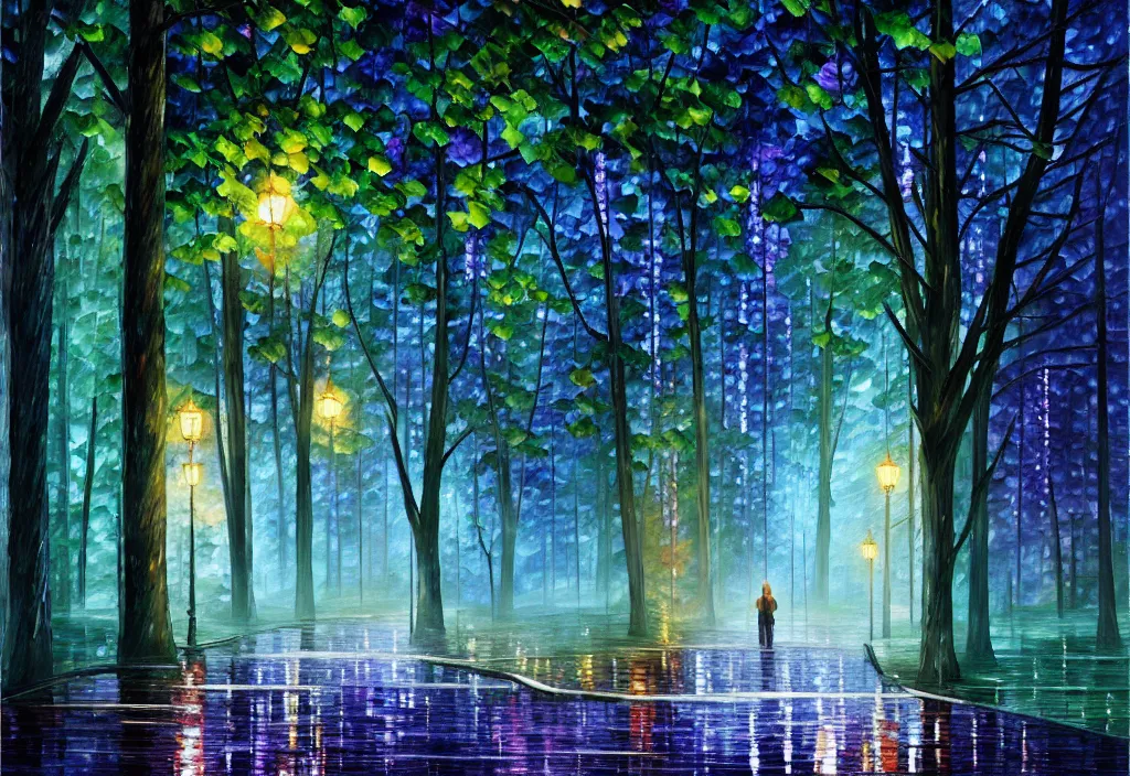 Image similar to lothlorien at night, very dark sky with green lights, blue lights and purple lights, elven forest town with houses up in the trees, oil painting, dramatic lighting, jakub kasper, makoto shinkai, leonid afremov, hyperrealistic, cinematic, elegant, intricate