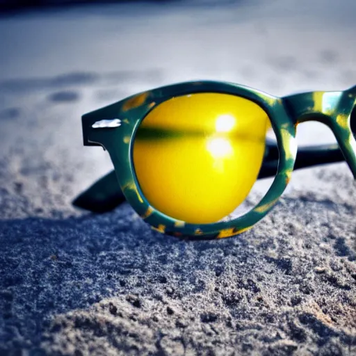 Prompt: a closeup shot of a lemon wearing sunglasses at the beach, photorealism, 8k