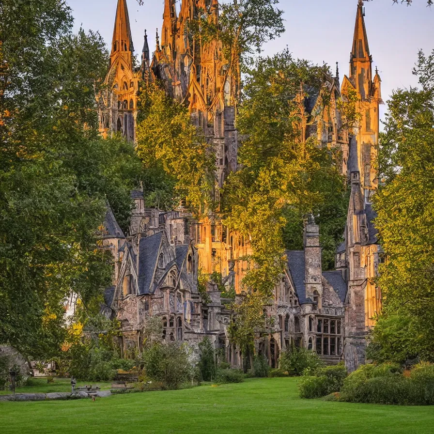 Image similar to a Tudor style village in the shadows of an enormous Gothic Revival architecture castle in a lovely meadow at dusk