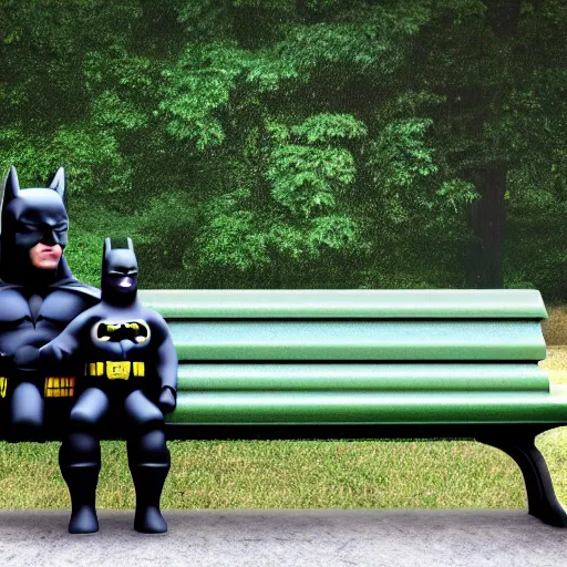 Prompt: batman and alf smoking a cigarette sitting on a green park bench, ultra realistic photo, 8 k resolution, movie escene, 3 5 mm, lens real depth