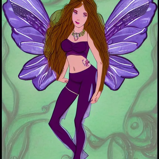 Image similar to very very very beautiful fairy princess with fairy wings, bare midriff, one foot raised off the ground, full body portrait, eye contact, smiling, flirty, perfect face, perfect body, drawn by keith garvey